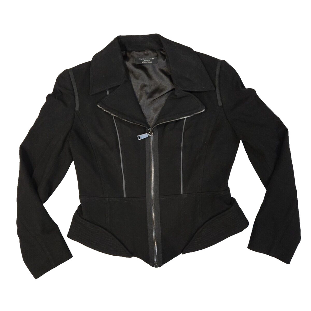 Elie Tahari Black Ponte Exposed Zipper Moto Piping Macey Jacket Size 10 (medium)